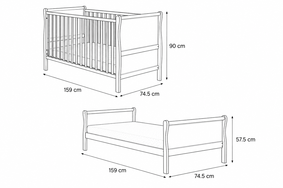 Woodies Noble 2 in 1 Cot Bed 70x140cm - Vintage